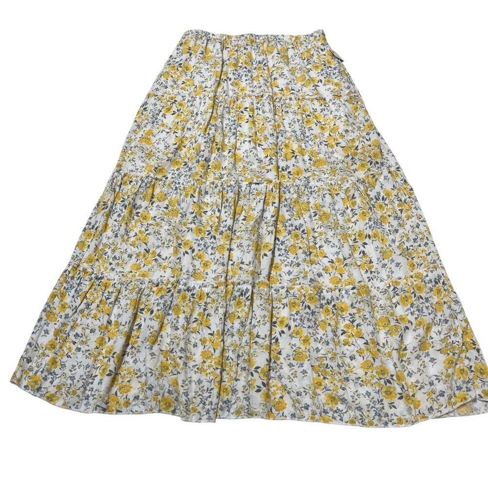 White Floral Tiered Maxi Skirt Pull On Size M Cottagecore Romantic Feminine